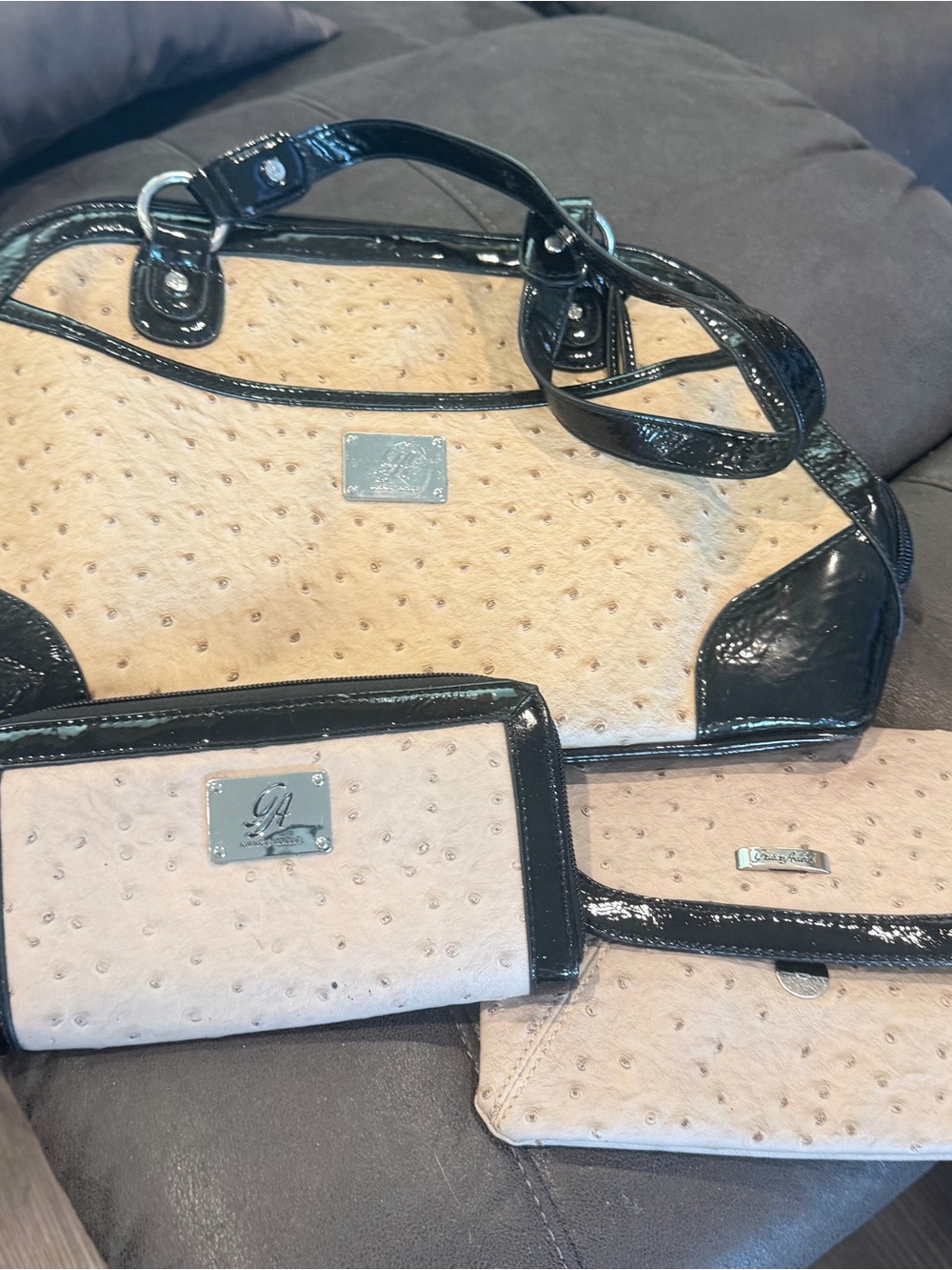 Grace Adele Beige Ostrich-Embossed Satchel with Black Patent Trim